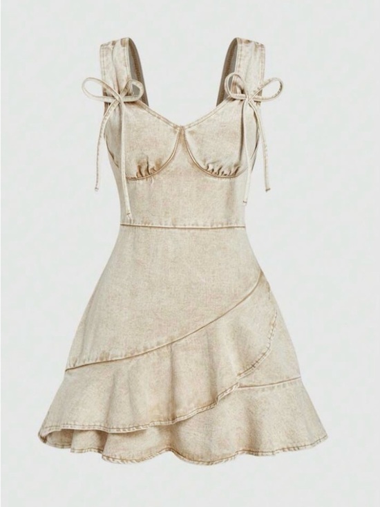 SHEIN Dresses & Skirts - Women M Sleeveless Acid Wash Tan Denim Mini Dress Festival Boho Rave ruffle